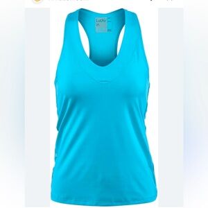 Lucky in Love V neck tank built in bra tennis pickleball yoga ocean blue m 8-10